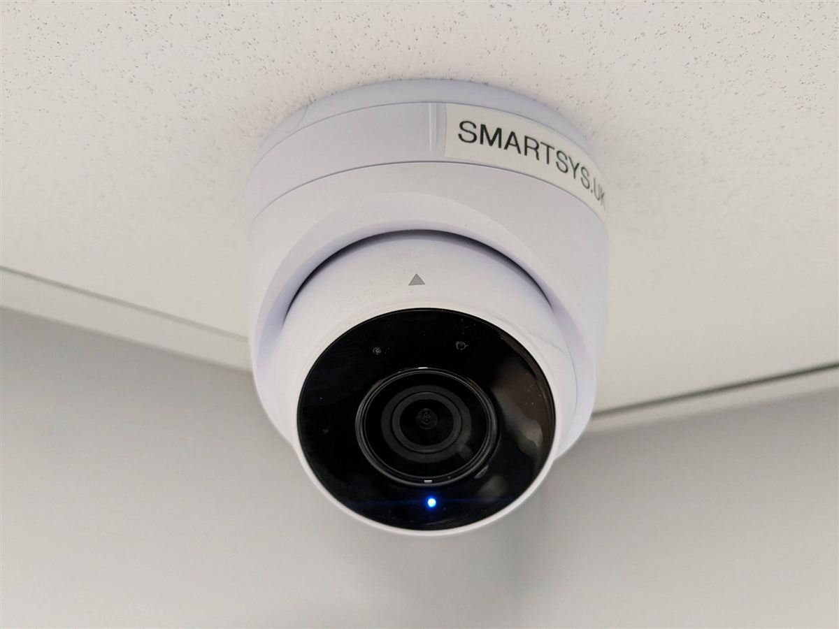 White turret CCTV camera installed on a ceiling in Benton, Newcastle
