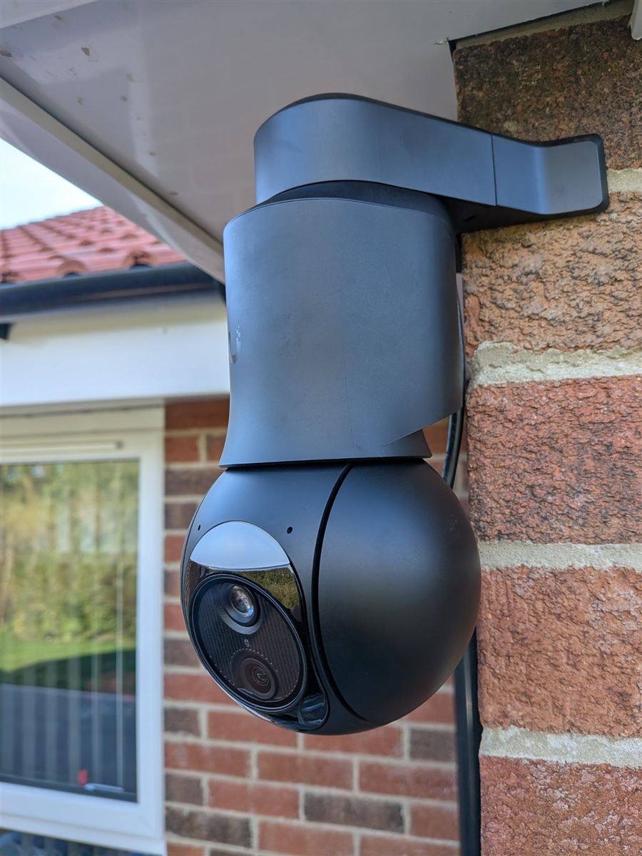 UniFi PTZ CCTV camera installed under the eaves of a home in Northumberland